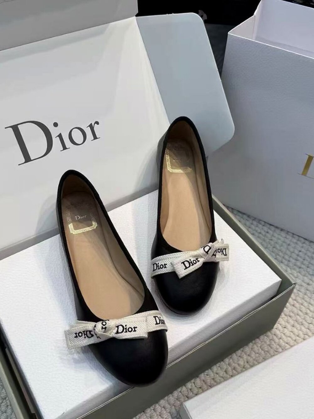 Dior Ribbon Logo Leather Ballet Flats